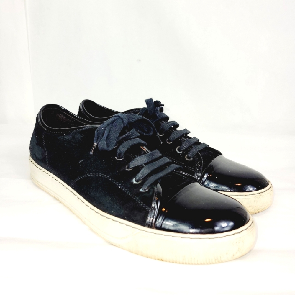 Lanvin cap toe suede and patent leather sneakers